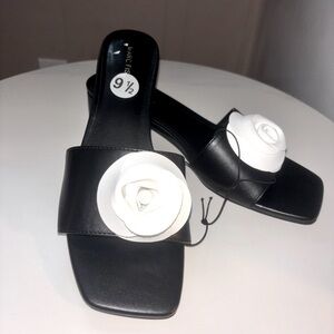 Black and White Sandals with Rose Detail